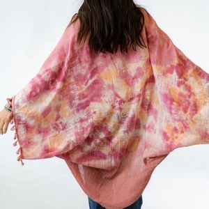 Pink Tie Dye Kimono New With Tag Boho Style Fringe Cotton Blend Wrap Shrug